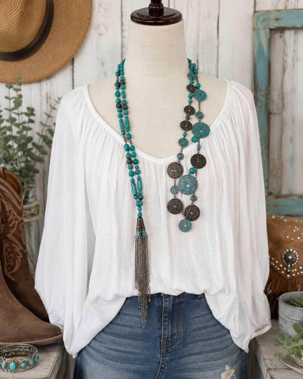 BOHO Turquoise Bead Coin Charm Necklace Belt Convertible Tassel Festival Style